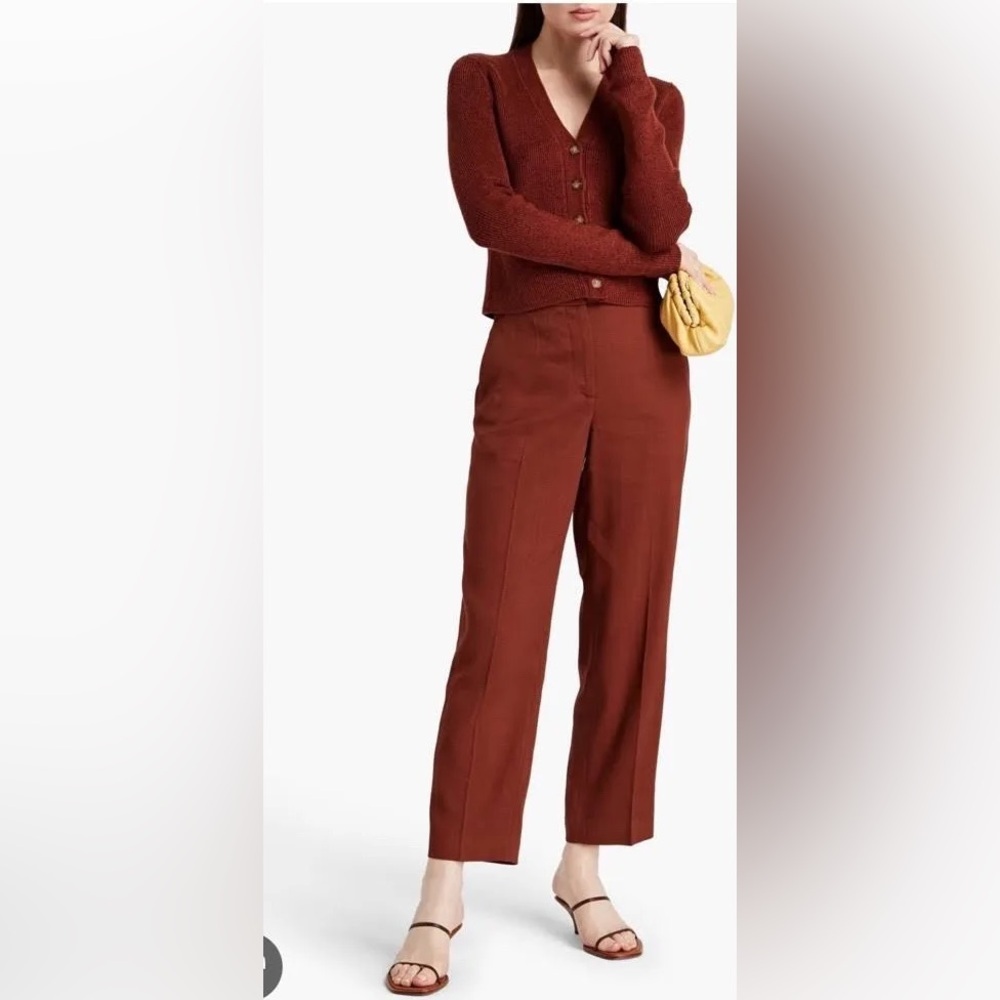 JOSEPH Crepe Linen Trina Straight Leg Ankle Pants Trousers Chestnut Brown